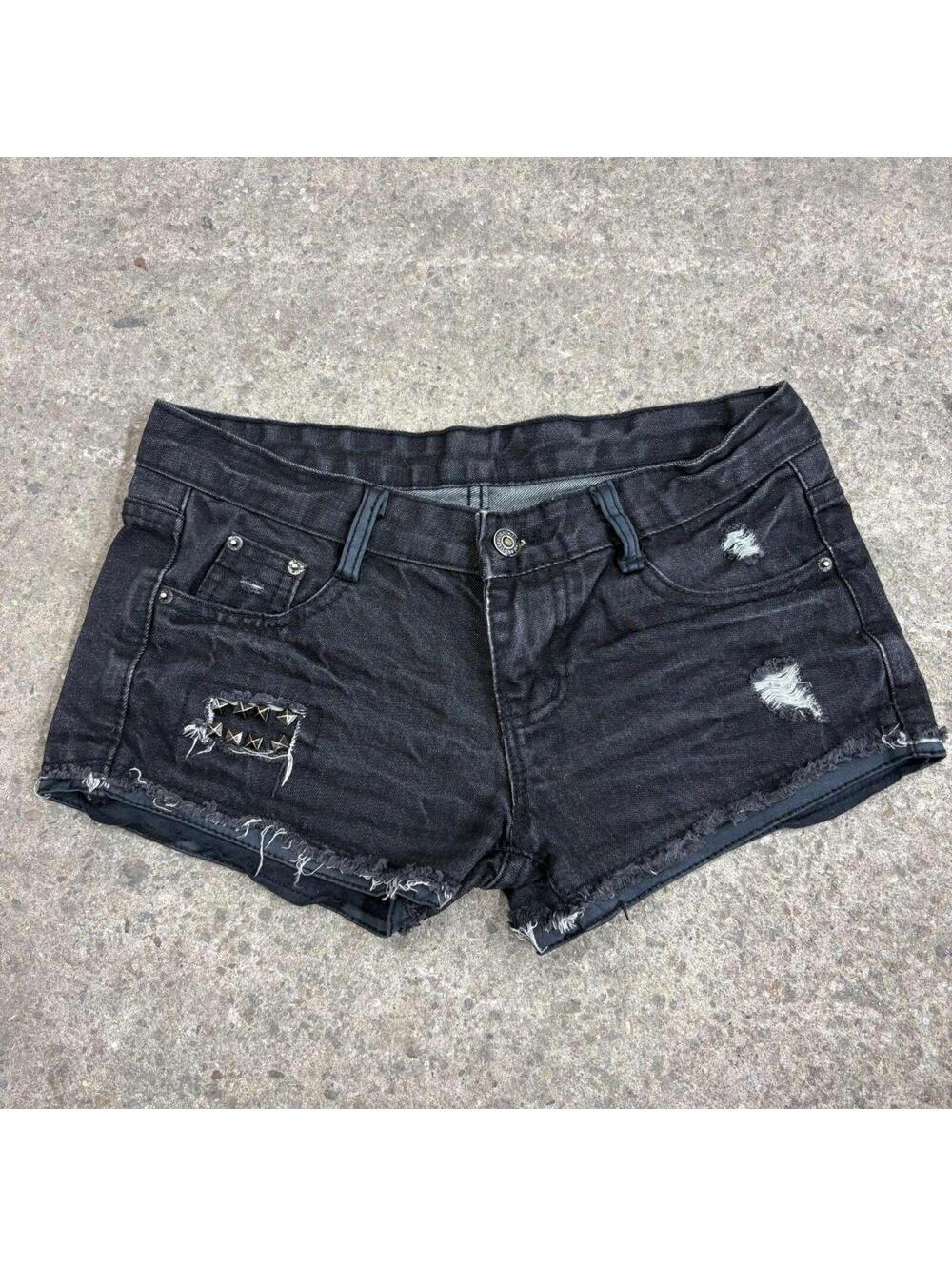 Vintage Y2K Low Rise Denim Micro Shorts Black Studded